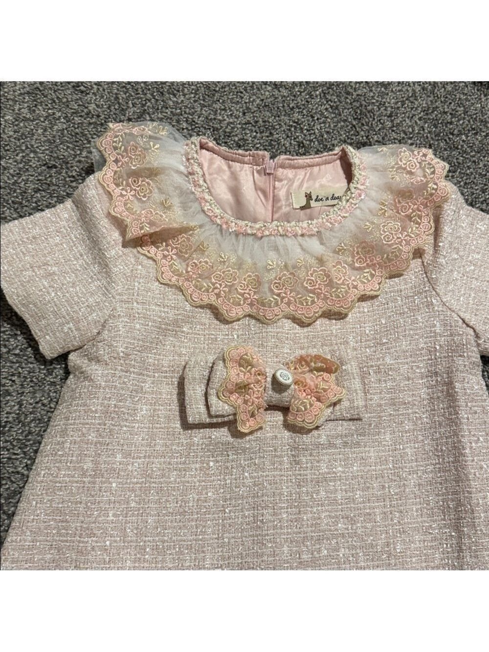 Pink tweed  Dress with Bow and Ruffled Collar - Picture 3 of 5